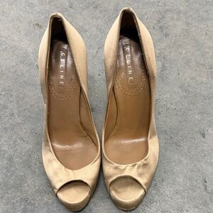 Celine Gold Satin Peep-Toe Heels
